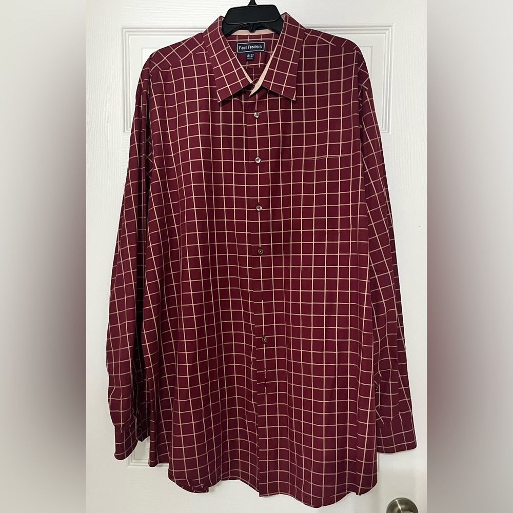 Paul Fredrick 18 1/2 37 XXL Button Down Men's Red Checkered Two Ply Cotton Shirt